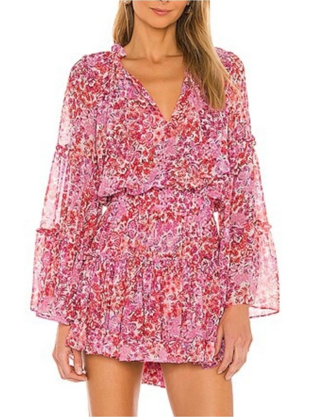 MISA Los Angeles Leeva Del Rio Floral Ruffle Mini Dress Pink Red Womens M